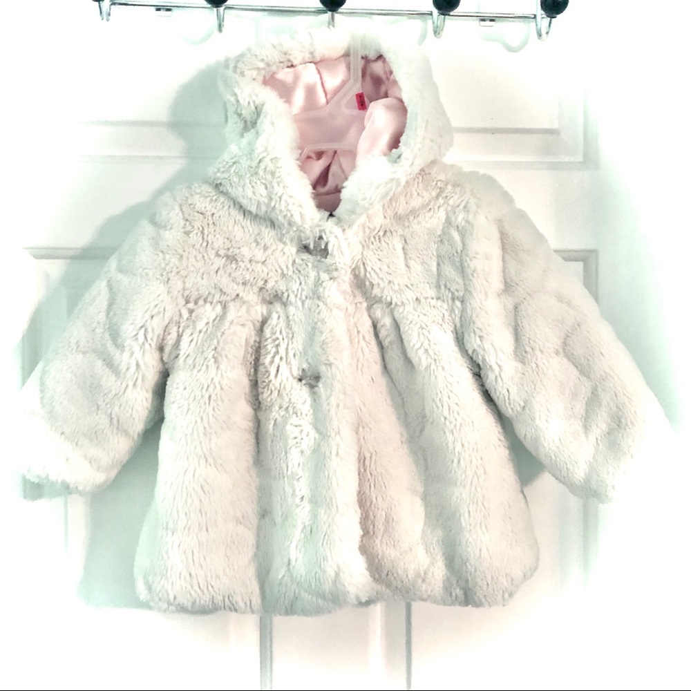 George White Cozy Furry Baby Girl Winter Peacoat